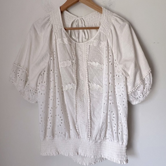 Porridge White Eyelet Embroidery Anglaise Smocked Boho Coastal Back-Tie Top M - Picture 4 of 16
